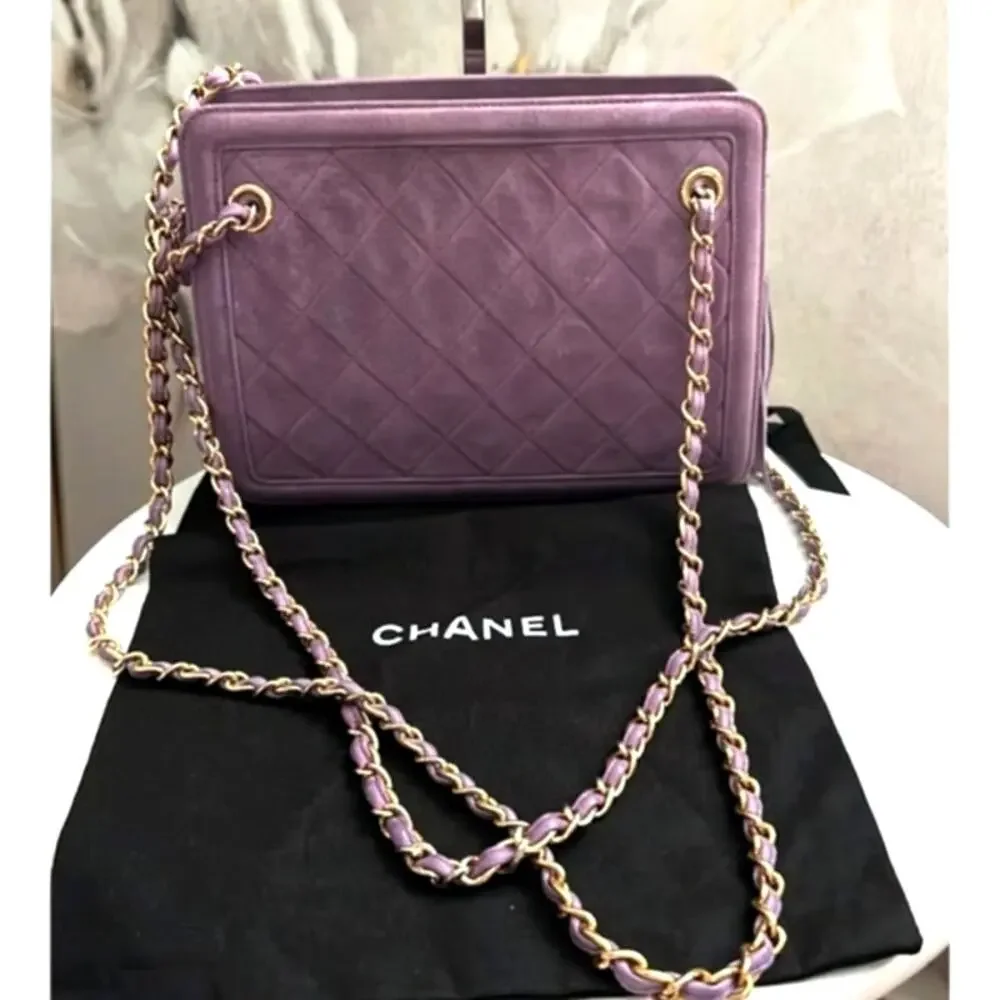 CHANEL Vintage Purple Quilted Suede Chain Link Shoulder Bag CC Logo Tassel Charm